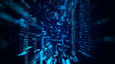 Soyut kablo şeması tüneli. Mavi solucan deliği. Üç boyutlu portal ızgarası. Fantezi kare huni. 3d oluşturma.