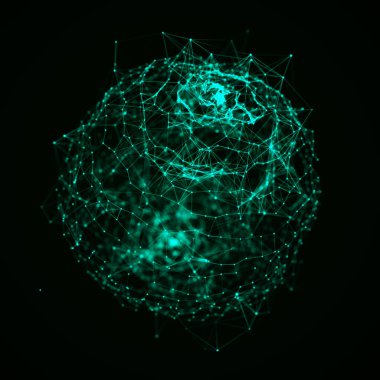 Parçacıkların ve çizgilerin gelecekteki yeşil küresi. Ağ bağlantısı büyük veri. Soyut teknoloji geçmişi. 3d oluşturma.