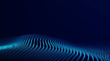 Parçacıkların soyut teknoloji dalgası. Büyük veri görselleştirmesi. Hareketli mavi çizgileri olan koyu bir arka plan. Yapay zeka. 3d oluşturma.