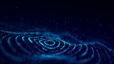 Fütürist dairesel dalga. Karanlık siber uzay. Noktalı soyut ses dalgası. Mavi arka planda beyaz hareketli parçacıklar. 3d oluşturma.