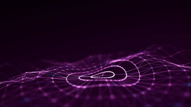 Gelecekçi çember dalgası. Karanlık siber uzay. Noktalı soyut müzik dalgası. Pembe arka planda hareket eden beyaz parçacıklar. 3d oluşturma.