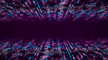 Abstract digital flow particles. Cyber network connection background. Big data visualization. Technology colorful backdrop. 3d rendering.