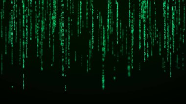 Teknoloji ikili kodu. Rastgele düşen yeşil parmaklar ekranda. Hacklenmiş yazılım. Matris bilimi geçmişi. Büyük veri analizleri. 3B görüntüleme.