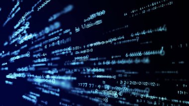 Teknoloji ikili kodu. Rastgele düşen mavi parmaklar ekranda. Hacklenmiş yazılım. Matris bilimi geçmişi. Büyük veri analizleri. 3B görüntüleme.