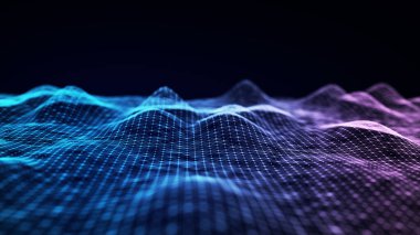 Fütürist dijital dalga. Karanlık siber uzay. Noktalı ve çizgili soyut dalga. Siyah zemin üzerinde beyaz hareketli parçacıklar. 3d oluşturma.