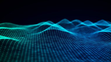 Fütürist dijital dalga. Karanlık siber uzay. Noktalı ve çizgili soyut dalga. Siyah zemin üzerinde beyaz hareketli parçacıklar. 3d oluşturma.