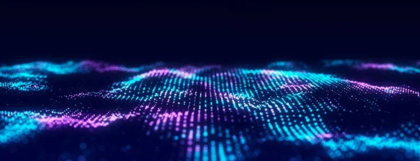 Parçacıkların soyut teknoloji dalgası. Büyük veri görselleştirmesi. Hareket noktalı koyu bir arka plan. Yapay zeka. 3d oluşturma.