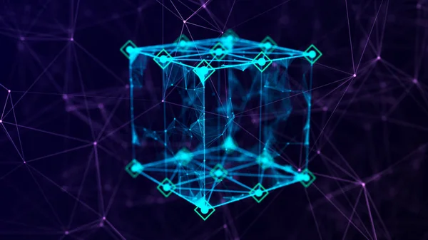 Technology block chain network connection. Big data visualization. Cyber security background. Blue cube, consisting of block. 3D rendering.