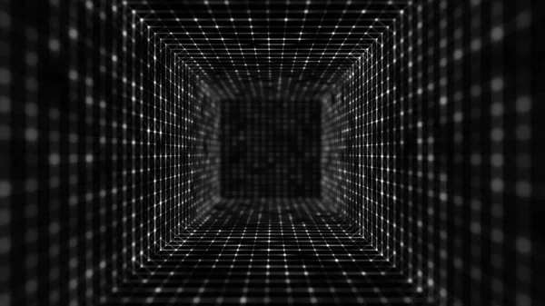 摘要线框隧道 黑虫洞 3D门户网格 未来派幻想广场漏斗 3D渲染 — 图库照片