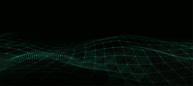 Parçacıkların soyut teknoloji dalgası. Büyük veri görselleştirmesi. Hareket noktaları ve çizgileri olan vektör koyu arkaplan. Yapay zeka.