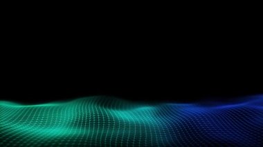 Gelecekçi teknoloji dalgası. Dijital siber uzay. Renk arkaplan üzerinde hareket eden parçacıkların olduğu soyut dalga. Büyük veri analizleri. 3d oluşturma.