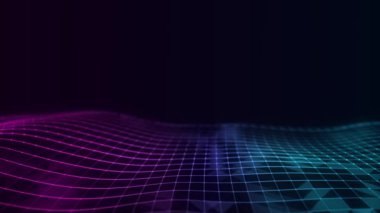 Gelecekçi teknoloji dalgası. Dijital siber uzay. Renk arkaplan üzerinde hareket eden parçacıkların olduğu soyut dalga. Büyük veri analizleri. 3d oluşturma.