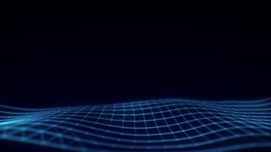 Fütürist dijital dalga. Karanlık hata siber uzay. Noktalı ve çizgili soyut dalga. Mavi arka planda beyaz hareketli parçacıklar. 3d oluşturma.