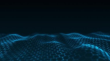 Futuristic hexagon wave. Dark cyberspace. Abstract wave with dots and line. White moving particles on a blue background. 3d rendering.