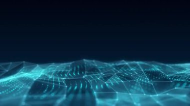Parçacıkların soyut teknoloji dalgası. Büyük veri görselleştirmesi. Hareket noktaları ve çizgileri olan karanlık bir arkaplan. Yapay zeka. 3d oluşturma.