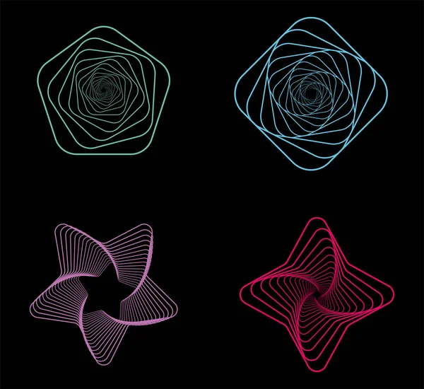 一套扭曲的彩色螺旋体 神圣的几何图形有正方形 五边形和星形线的隧道 矢量几何分形元 — 图库矢量图片