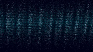 Gürültü efektli mavi noktalar. Soyut yarım ton arkaplan. Vektör arızası. Matris veya ikili kodlu dijital ekran.