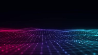 Fütürist dijital dalga. Karanlık siber uzay. Noktalı ve çizgili soyut dalga. Siyah arkaplandaki renkli parçacıklar. 3d oluşturma.