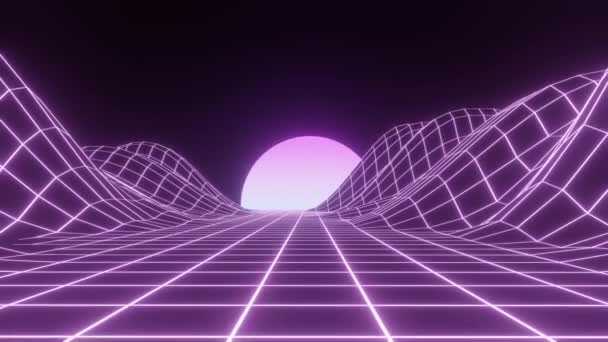 Retro Fantastic Background 80S Mountain Wireframe Landscape Night Sky Sunset — Stock Video