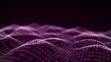 Fütürist dijital dalga. Karanlık siber uzay. Noktalı ve çizgili soyut dalga. Pembe arka planda hareket eden beyaz parçacıklar. 3d oluşturma.