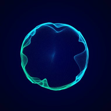 Parçacıklardan ve çizgilerden oluşan fütürist renkli bir küre. Ağ bağlantısı büyük veri. Soyut teknoloji geçmişi. 3d oluşturma.