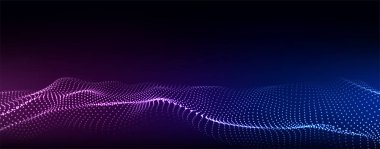 Gelecekçi teknoloji dalgası. Dijital siber uzay. Siyah zemin üzerinde hareket eden parçacıkların olduğu soyut dalga. Büyük veri analizleri.