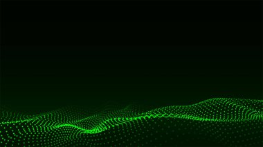 Gelecekçi teknoloji dalgası. Dijital siber uzay. Siyah zemin üzerinde hareket eden parçacıkların olduğu soyut dalga. Büyük veri analizleri.