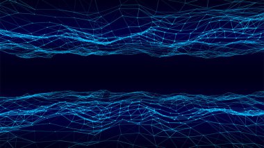 Soyut teknoloji çift parçacık dalgası. Büyük veri görselleştirmesi. Hareket noktaları ve çizgileri olan vektör koyu arkaplan. Yapay zeka.