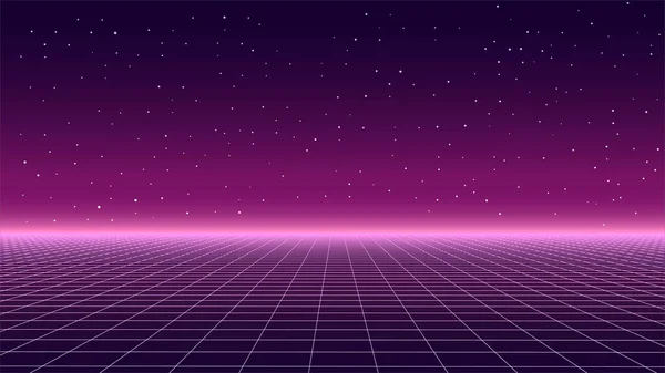 Retro Fantastischer Hintergrund Der 80Er Jahre Vector Wireframe Landschaft Mit — Stockvektor