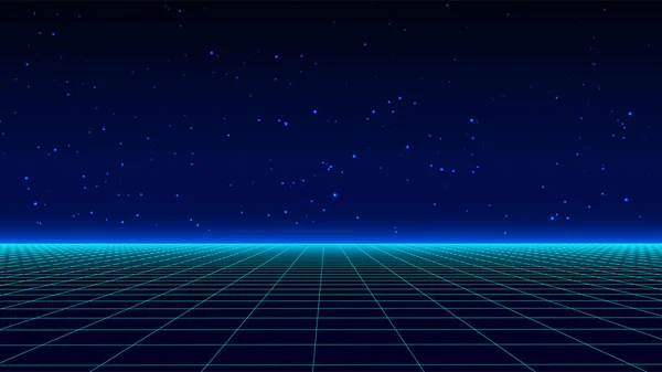 80 'lerin geçmişe dönük harika geçmişi. Gece gökyüzü olan vektör kablo çerçevesi. Geleceğin mavi neon manzarası.