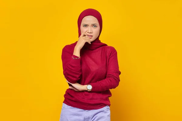 Portrait Stressed Nervous Looking Young Asian Woman Hands Mouth Biting — Stock Photo, Image