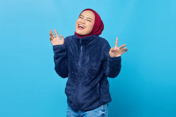 Attractive Young Asian Woman Laugh Face Raised Hand Isolated Blue — Stock Photo, Image