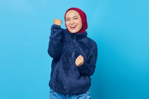 Cheerful Young Asian Woman Celebrating Victory Dan Euphoric Achievement Blue — Stock Photo, Image