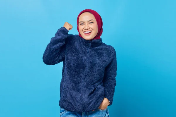 Portrait Excited Young Asian Woman Celebrating Success Blue Background — Stock Photo, Image