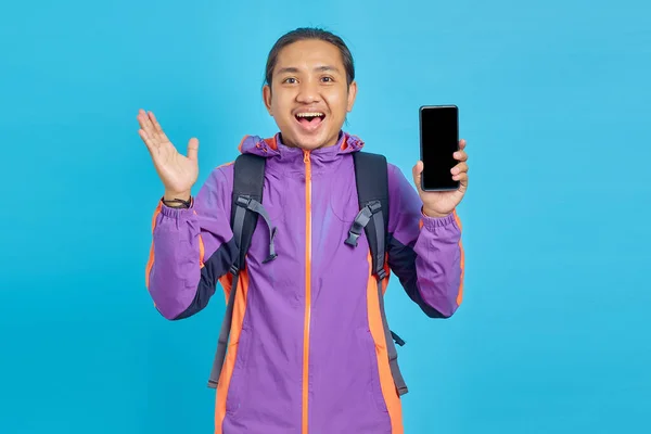 Portrait Smiling Young Asian Man Showing Copy Space Palm Showing — Stok fotoğraf