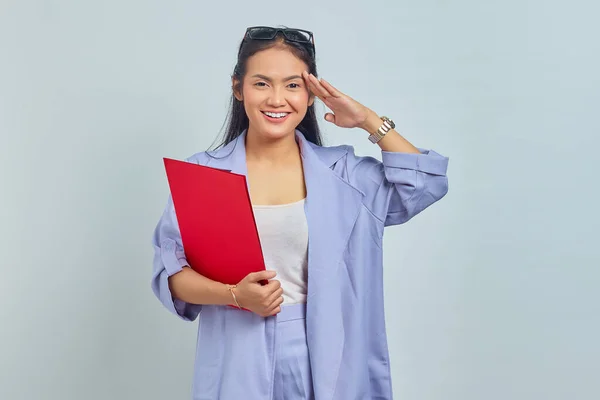 Portrait Smiling Young Asian Woman Holding Document Folder Gesturing Respect — Stock Photo, Image