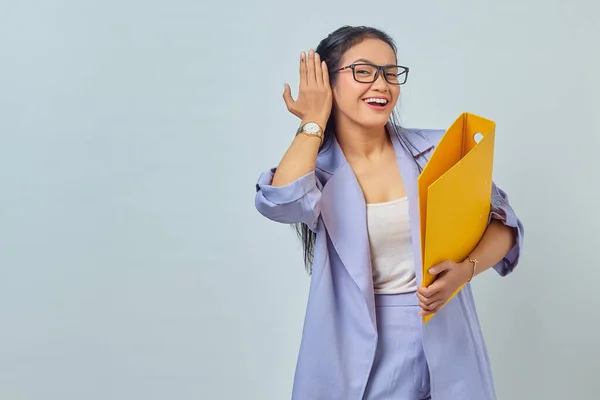 Portrait Serious Young Asian Business Woman Keeps Hand Ear Tries — Stock Photo, Image