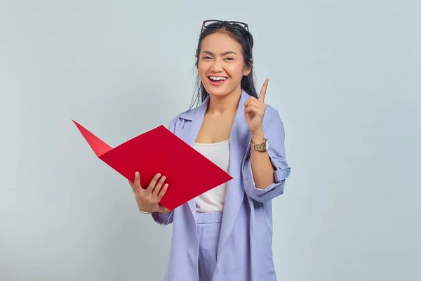 Portrait Cheerful Young Asian Business Woman Holding Document Folder Gets — Stock Photo, Image