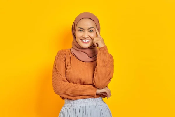 Hermosa Mujer Asiática Joven Suéter Marrón Hijab Sonriendo Mirando Cámara — Foto de Stock