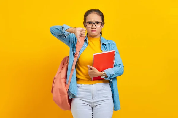 Displeased Worried Young Asian Woman Student Denim Clothes Backpack Holding — Stock Photo, Image