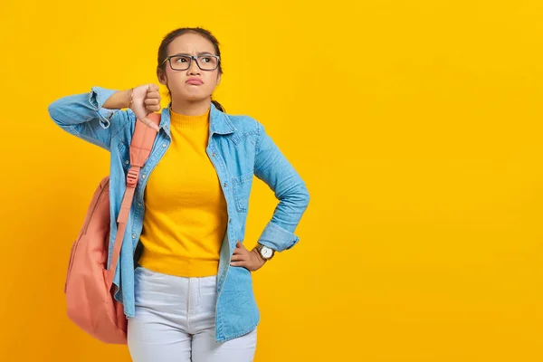 Giovane Studente Asiatico Infastidito Abito Denim Con Zaino Che Mostra — Foto Stock