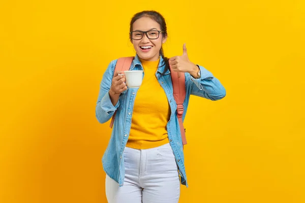 Allegro Bella Giovane Donna Asiatica Denim Vestiti Con Zaino Possesso — Foto Stock