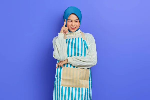 Potret Ibu Rumah Tangga Tersenyum Jilbab Dan Celemek Melihat Kamera — Stok Foto
