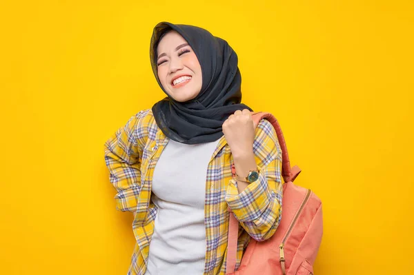 Overjoyed Young Asian Muslim Woman Student Casual Clothes Backpack Holding —  Fotos de Stock