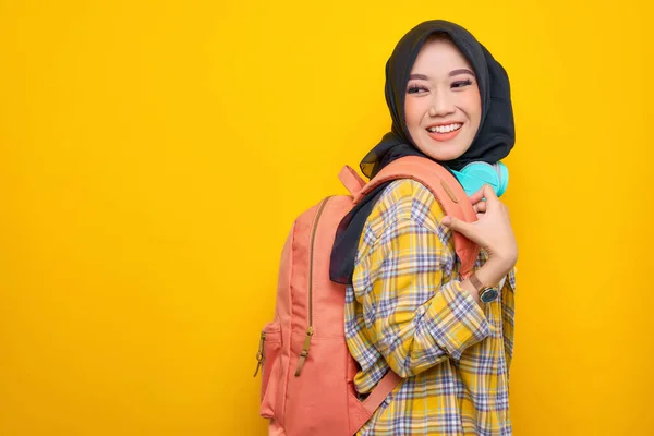 Side View Smiling Young Asian Muslim Woman Student Plaid Shirt — Stok fotoğraf