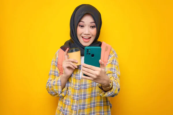 Smiling Young Asian Muslim Woman Student Plaid Shirt Backpack Doing —  Fotos de Stock