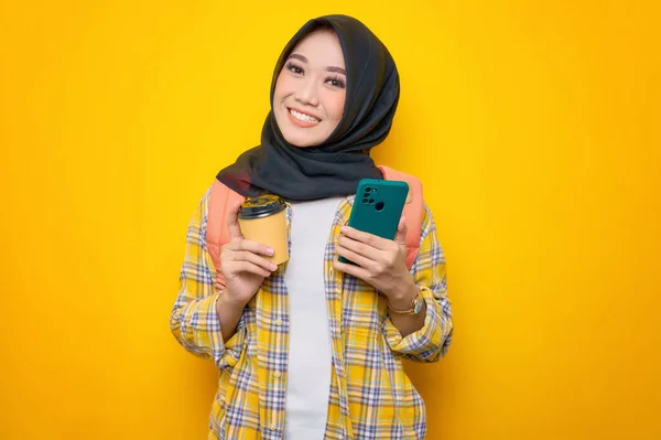 Smiling Young Asian Muslim Woman Student Plaid Shirt Backpack Holding — Stok fotoğraf