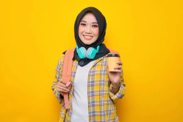 Smiling Young Asian Muslim Woman Student Plaid Shirt Headphone Backpack — Stok Foto