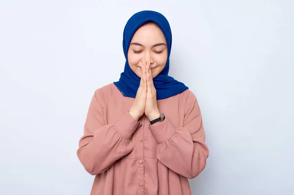 Attractive Young Asian Woman Pink Shirt Making Praying Gestures Closed — стоковое фото