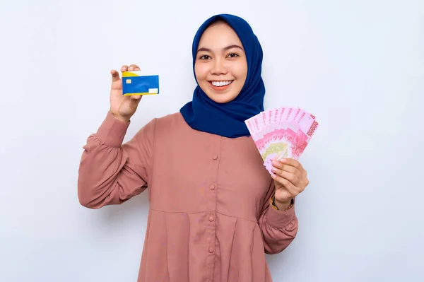 Smiling Beautiful Asian Muslim Woman Casual Shirt Hijab Holding Indonesian — Fotografia de Stock